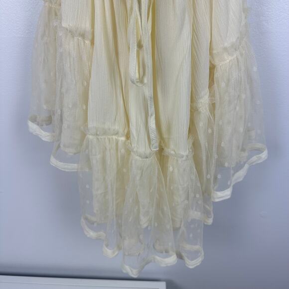 Womens Textured Lace Halter Tie Babydoll Lined Tiered Cream Mini Dress Small - Picture 6 of 8